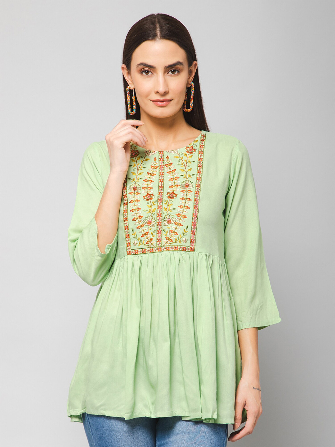Winza Designer Floral Embroidered Longline Peplum Top