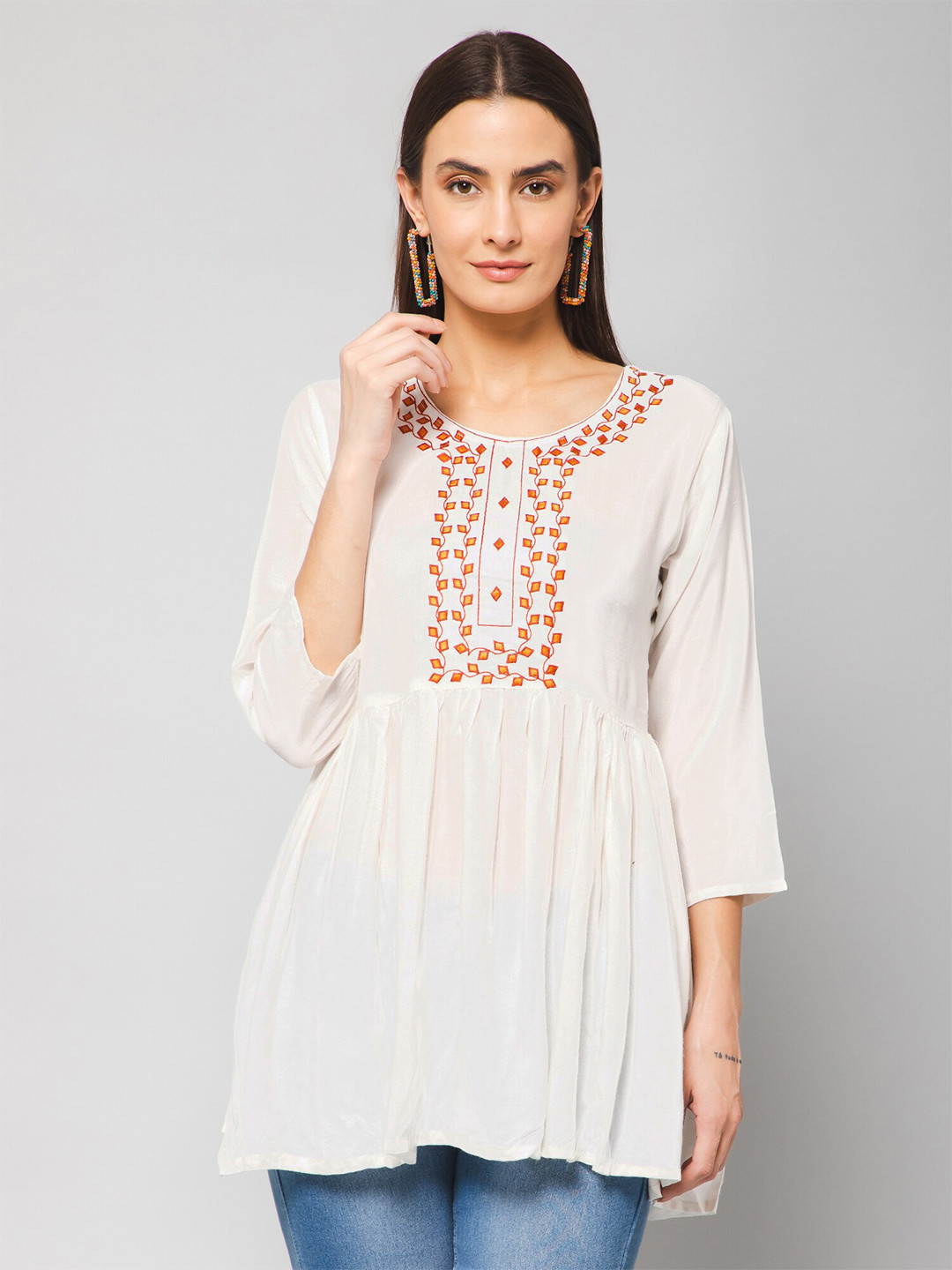 Winza Designer Geometric Embroidered Longline Peplum Top