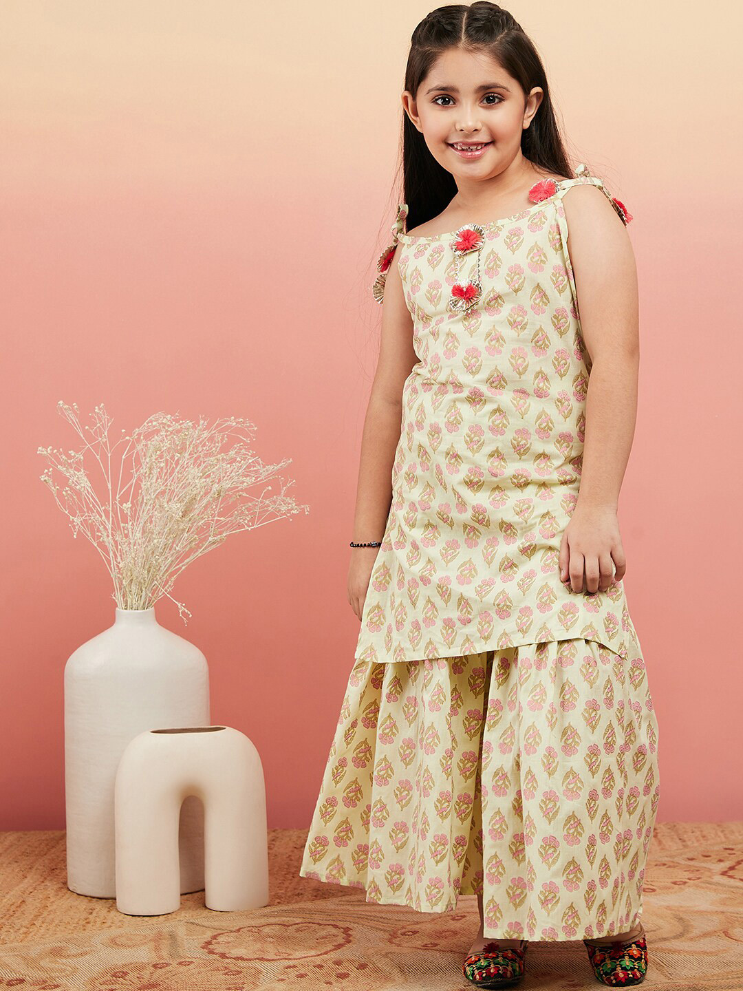 Sangria Girls Green & Prink Ethnic Motifs Printed Straight Kurti With Sharara