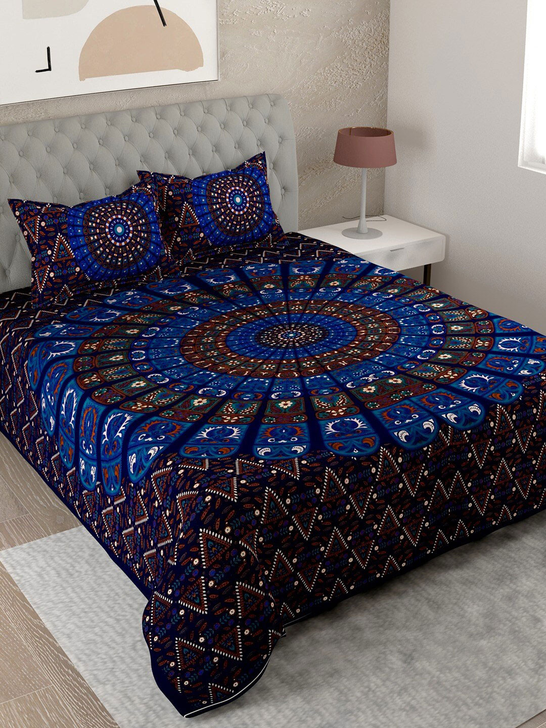 UNIQCHOICE Fiona Blue Ethnic Motifs Pure Cotton 144 TC King Bedsheet with 2 Pillow Covers-106 x 89 inches