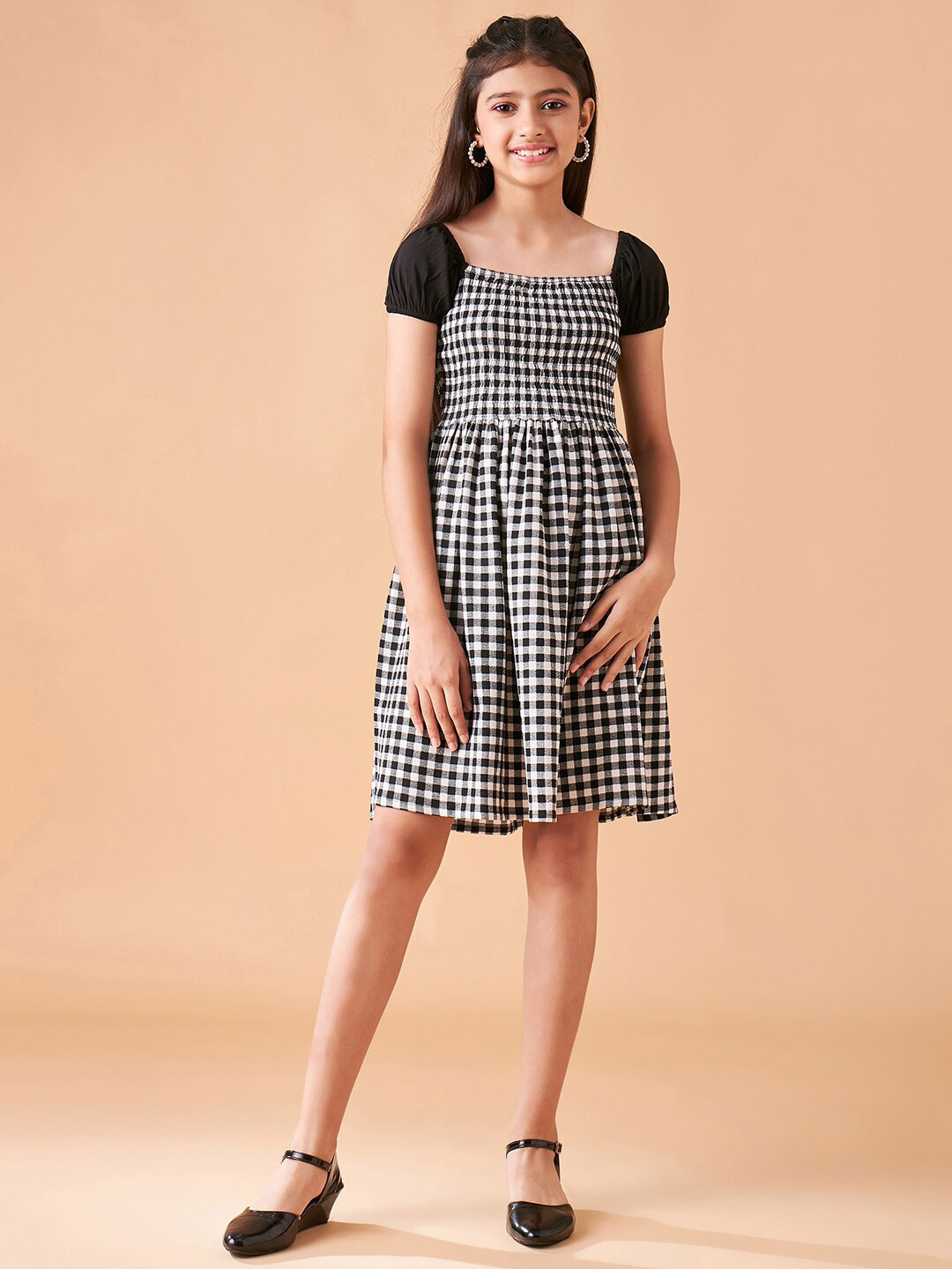 Cherry & Jerry Girls Checked Puff Seeves Fit & Flare Dress