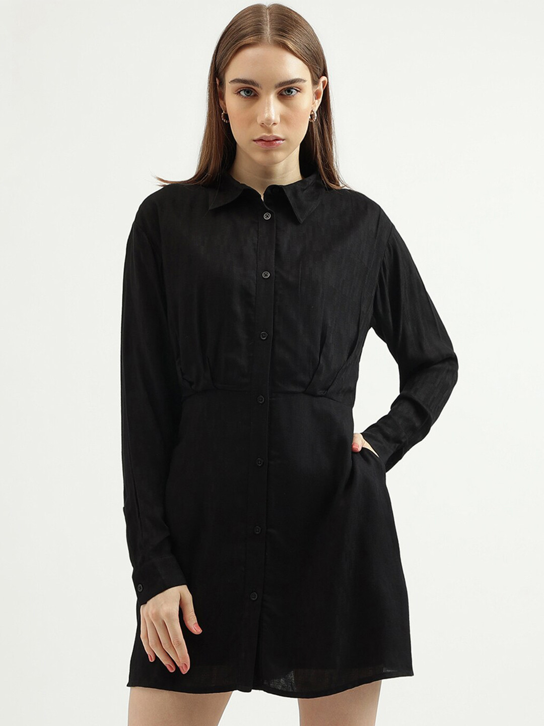 United Colors of Benetton Cuffed Sleeves Gathered or Pleated Shirt Style Mini Dress