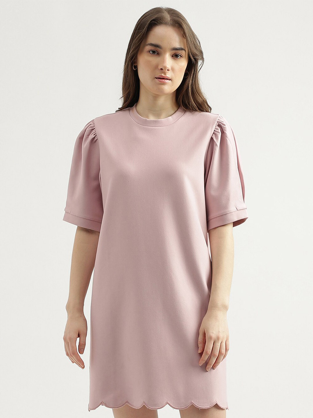 United Colors of Benetton Puff Sleeves Scalloped Hem A-Line Dress