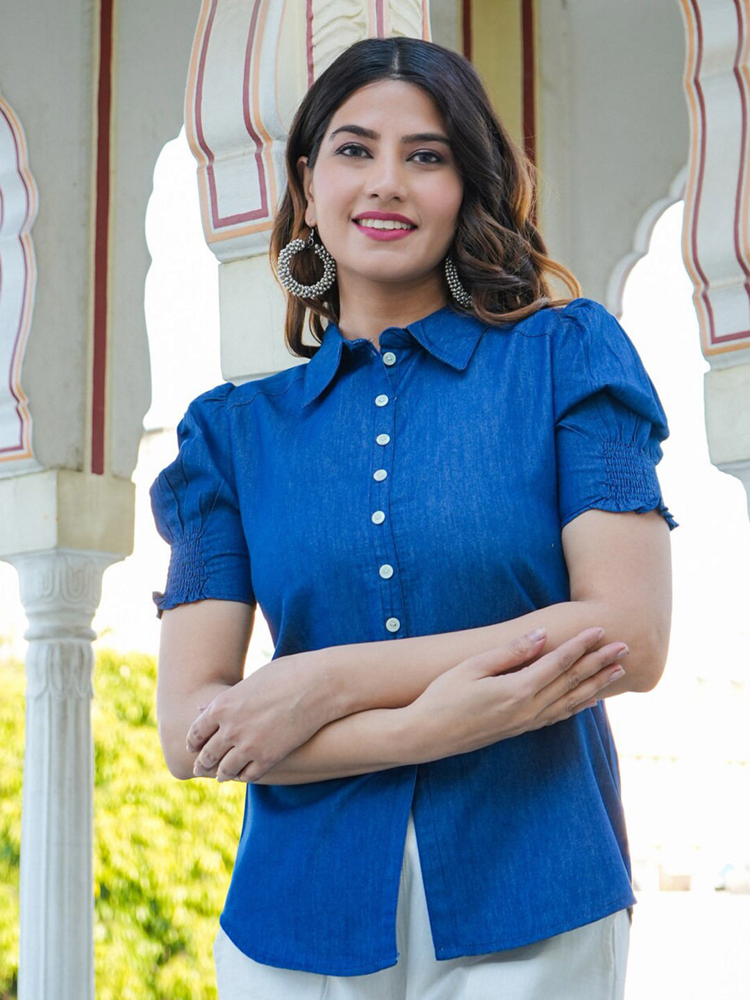YASH GALLERY Spread Collar Puff Sleeves Casual Shirt