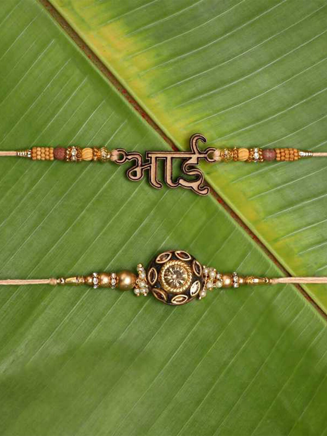 eCraftIndia Unisex Set Of 2 Bhai Charm & Peals beaded Rakhi With Roli & Chawal