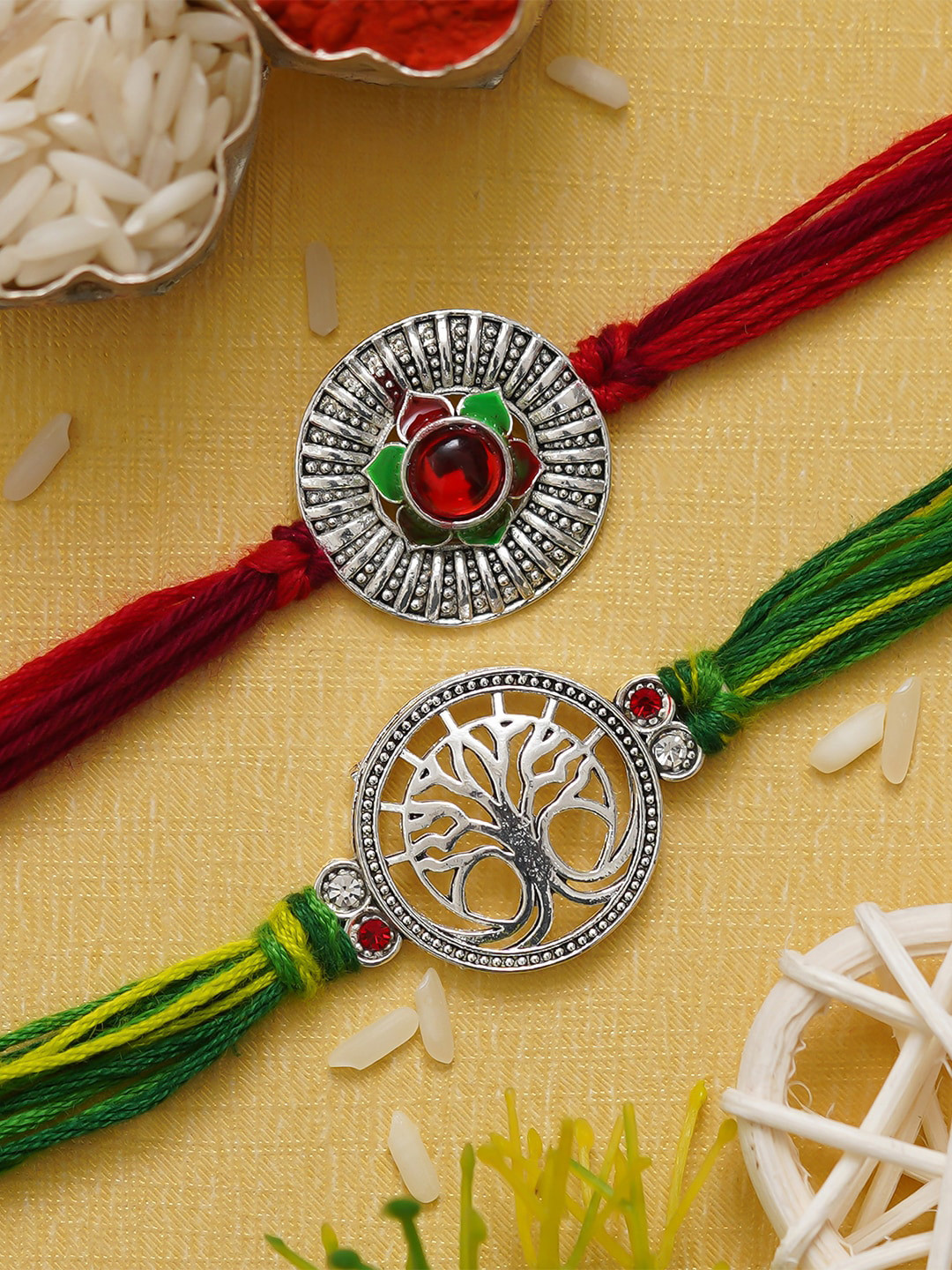 eCraftIndia Unisex Set Of 2 Flower & Tree Charm Rakhi
