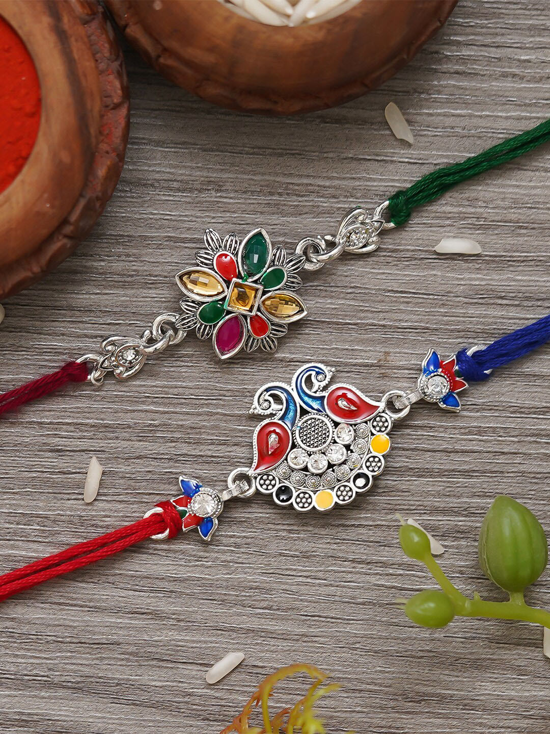 eCraftIndia Unisex Set Of 2 Peacock & Flower Charm Rakhi