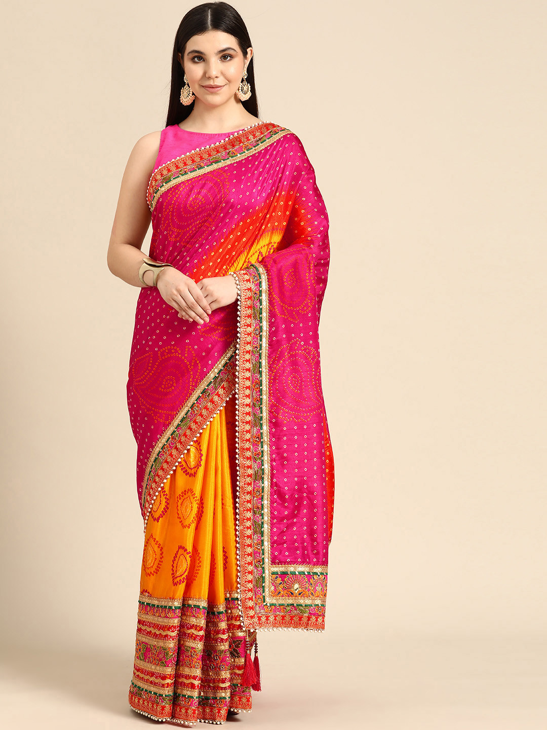 Mitera Bandhani Gotta Patti Half & Half Saree