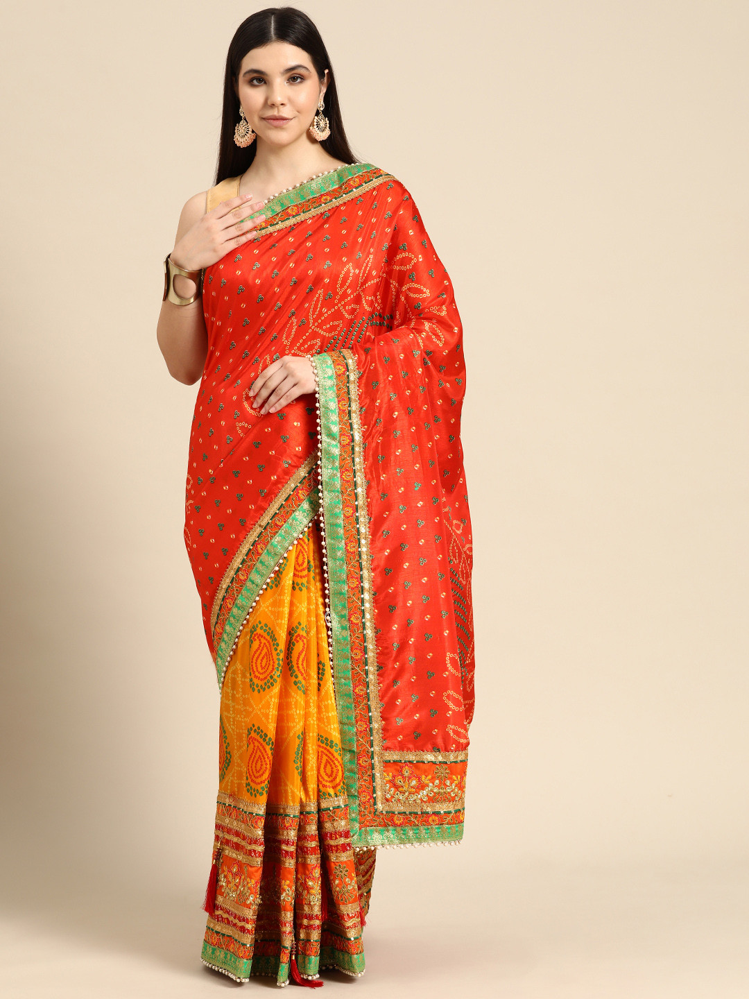 Mitera Bandhani Gotta Patti Half & Half Saree