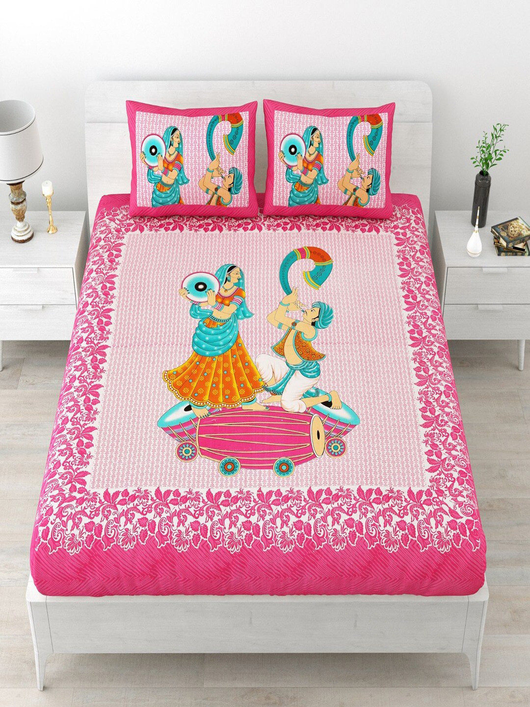 UNIQCHOICE Jaipuri Traditional Pink Ethnic Motifs Pure Cotton 120 TC Queen Bedsheet with 2 Pillow Covers-93 x 85 inches