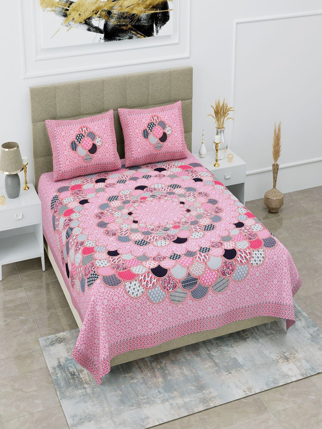 UNIQCHOICE Jaipuri Traditonal Pink Ethnic Motifs Pure Cotton 120 TC Queen Bedsheet with 2 Pillow Covers-93 x 85 inches