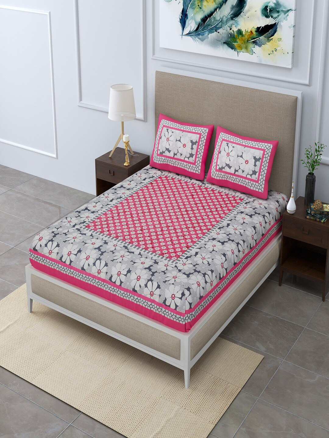 UNIQCHOICE Jaipuri Traditonal Pink Floral Pure Cotton 120 TC Queen Bedsheet with 2 Pillow Covers-93 x 85 inches