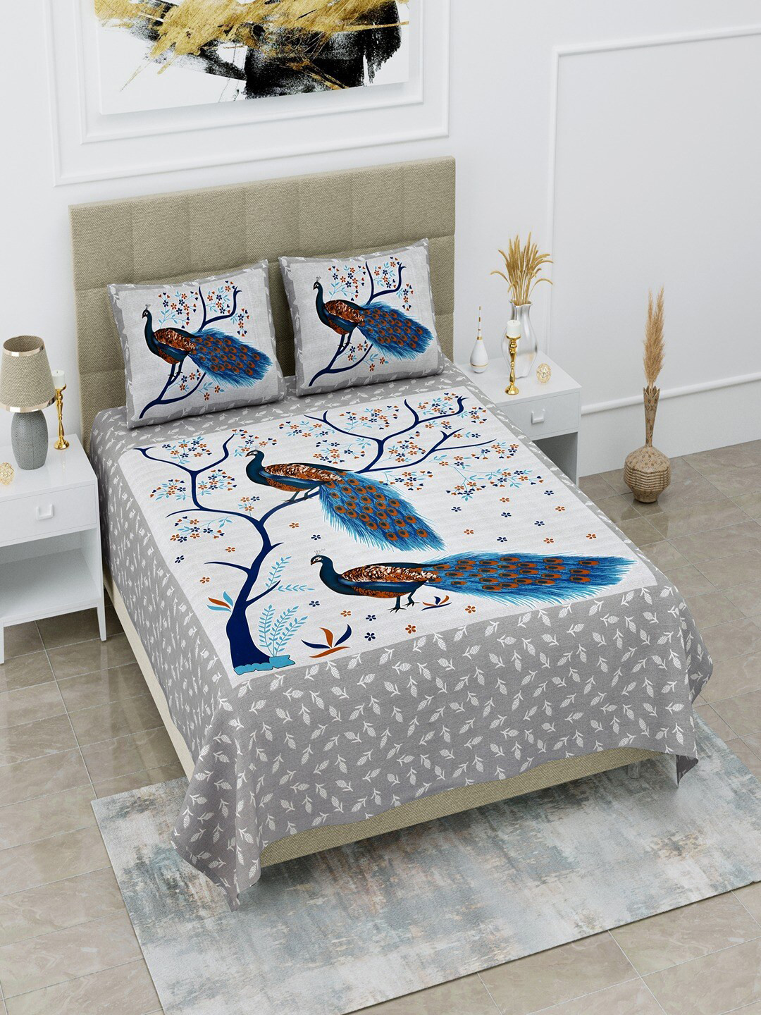 UNIQCHOICE Jaipuri Traditonal Blue Ethnic Motifs Pure Cotton 120 TC Queen Bedsheet with 2 Pillow Covers-93 x 85 inches