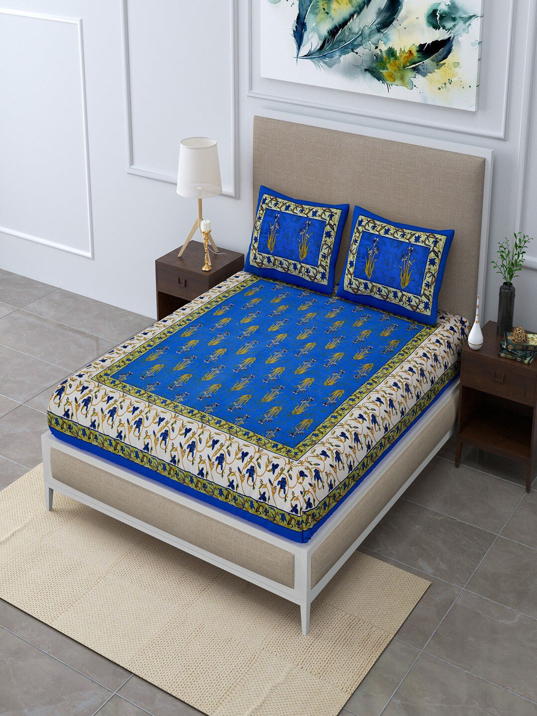 UNIQCHOICE Jaipuri Traditonal Blue Ethnic Motifs Pure Cotton 120 TC Queen Bedsheet with 2 Pillow Covers-93 x 85 inches
