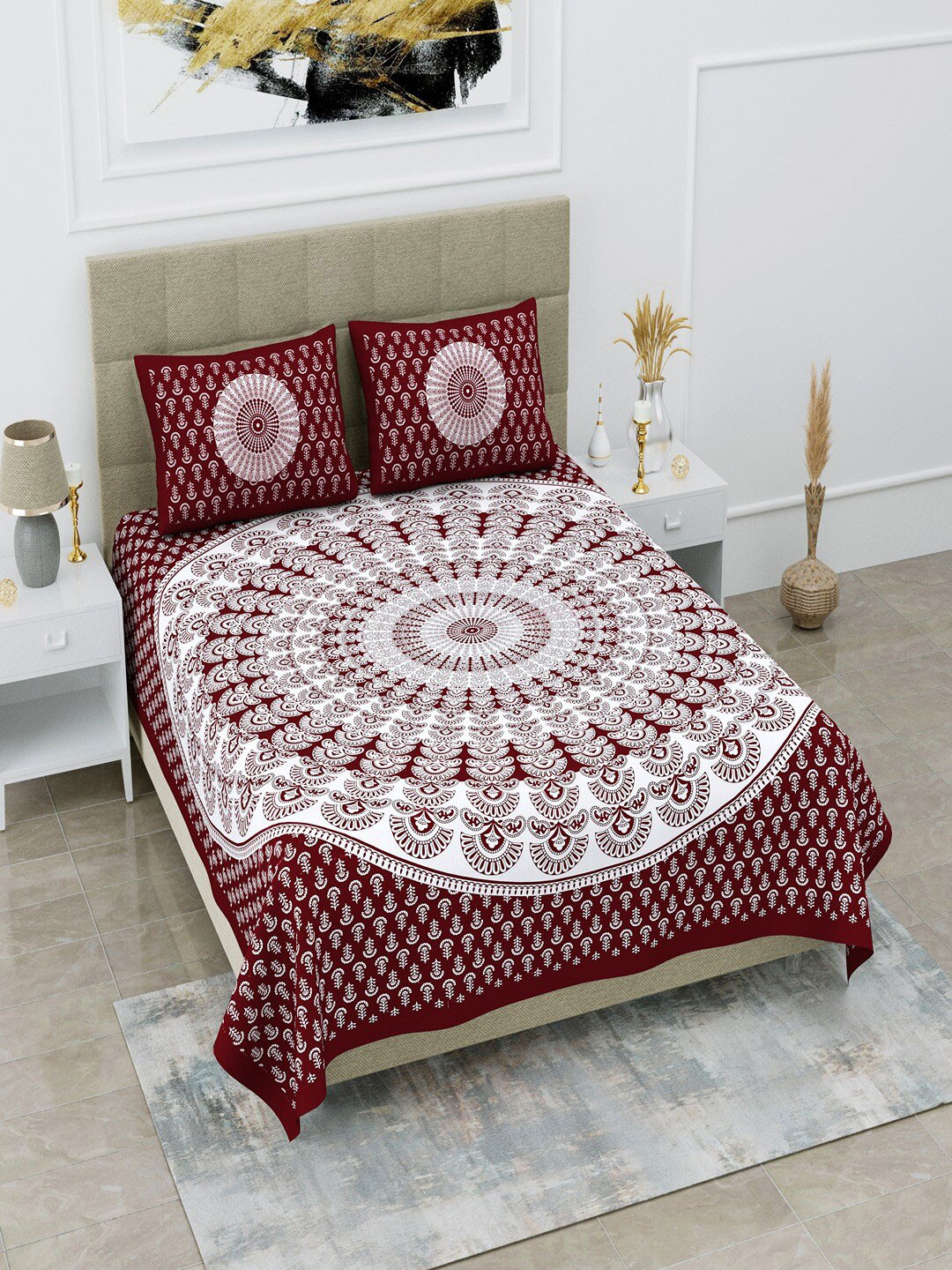 UNIQCHOICE Lounge Maroon Ethnic Motifs Pure Cotton 120 TC Queen Bedsheet with 2 Pillow Covers-93 x 85 inches