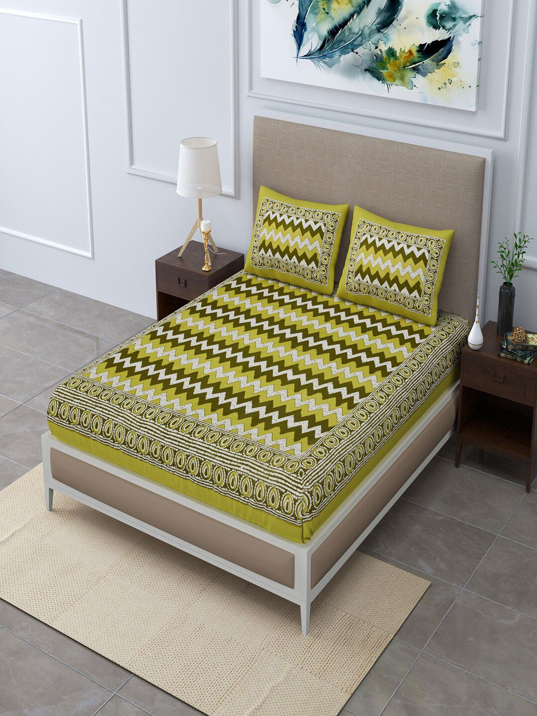 UNIQCHOICE Green Chevron Pure Cotton 120 TC Queen Bedsheet with 2 Pillow Covers-235 x 215 cm