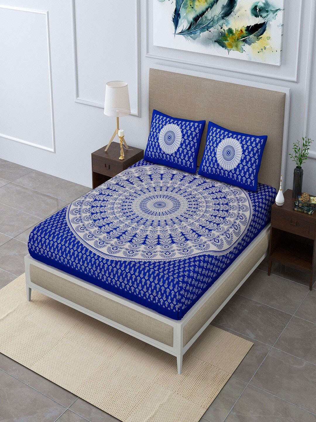 UNIQCHOICE Jaipuri Traditional Blue Ethnic Motifs Cotton 120 TC Fitted Queen Bedsheet with 2 Pillow Covers-93 x 85 inches