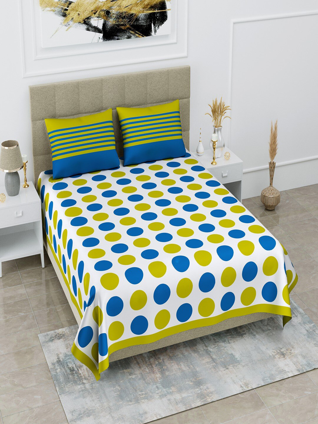 UNIQCHOICE Jaipuri Traditonal White Polka Dots Cotton 120 TC Queen Bedsheet with 2 Pillow Covers-93 x 85 inches