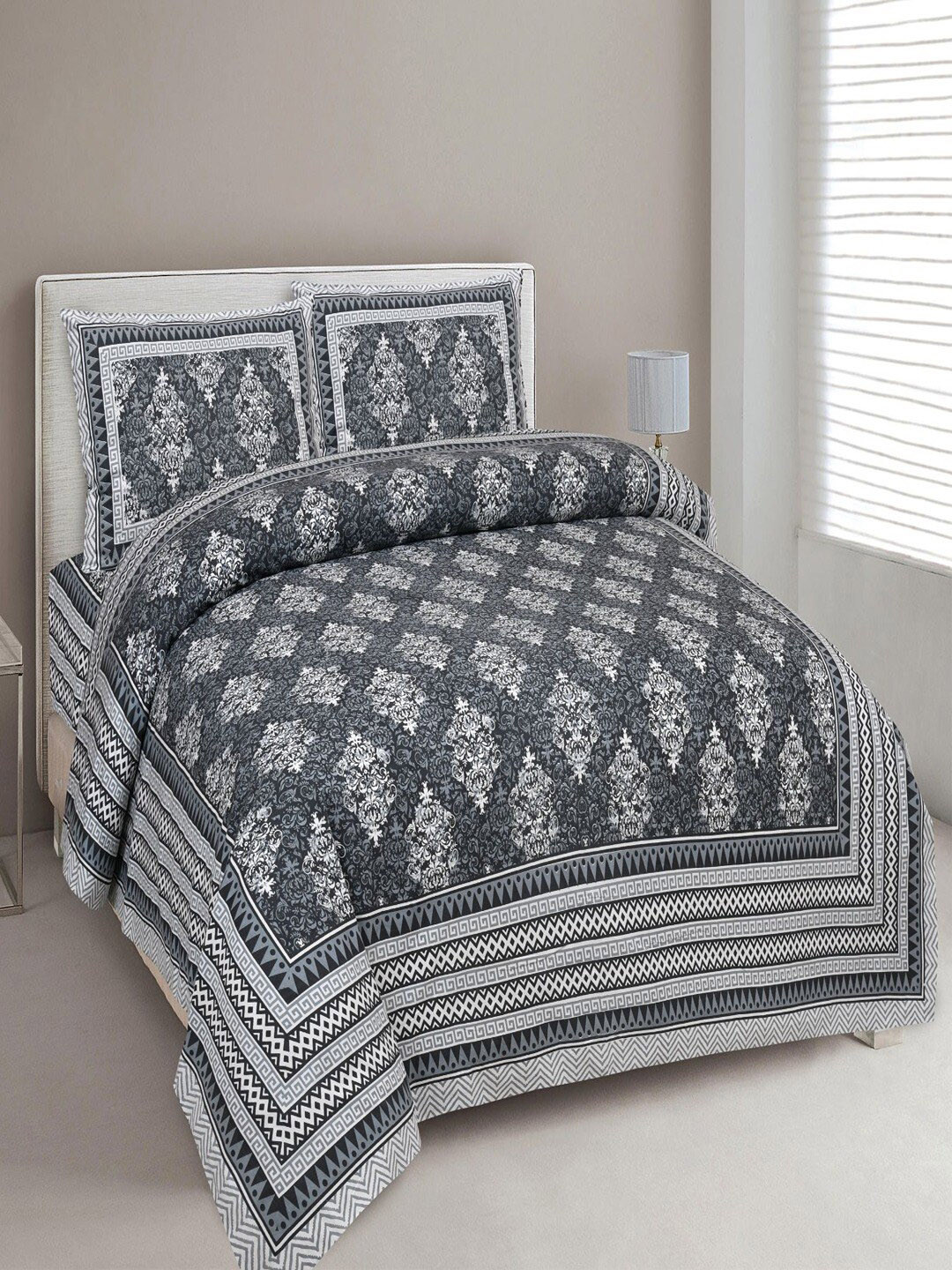 UNIQCHOICE Grey Ethnic Motifs Cotton Wrinkle Free 180 TC King Fine Bedsheet with 2 Pillow Covers-270 x 225 cm