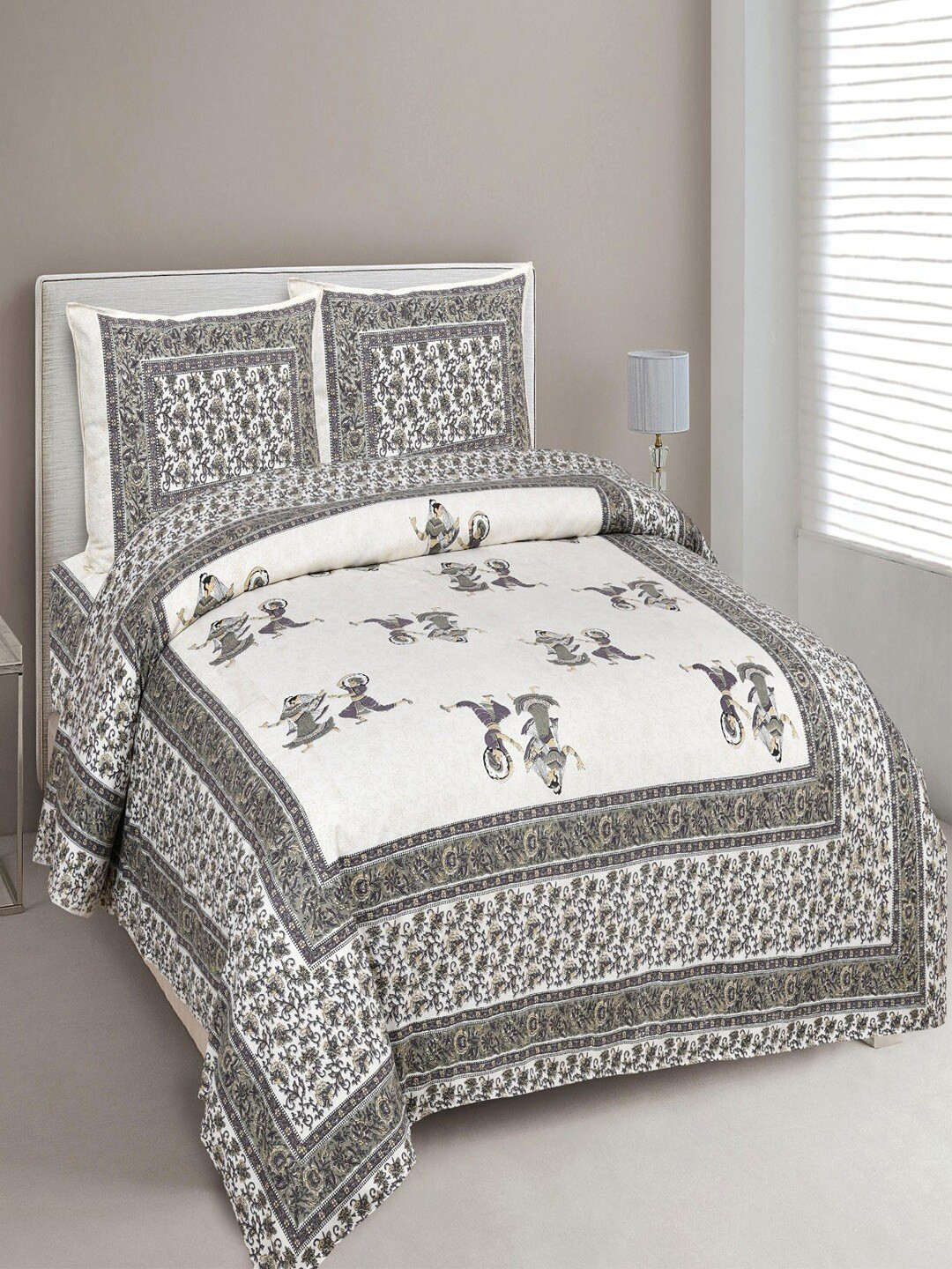 UNIQCHOICE 4P Carlna White Ethnic Motifs Cotton 180 TC King Fine Bedsheet with 2 Pillow Covers-270 x 225 cm