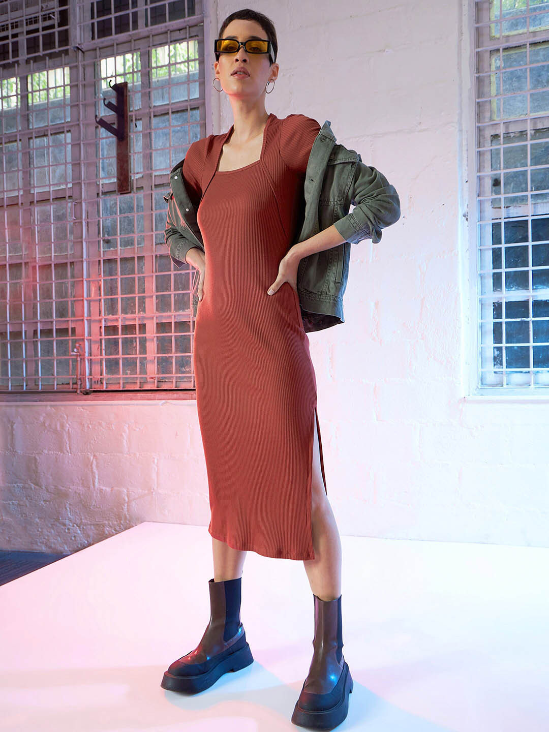 SASSAFRAS Rust Square Neck Ribbed Long Sleeve Sheath Midi Dress