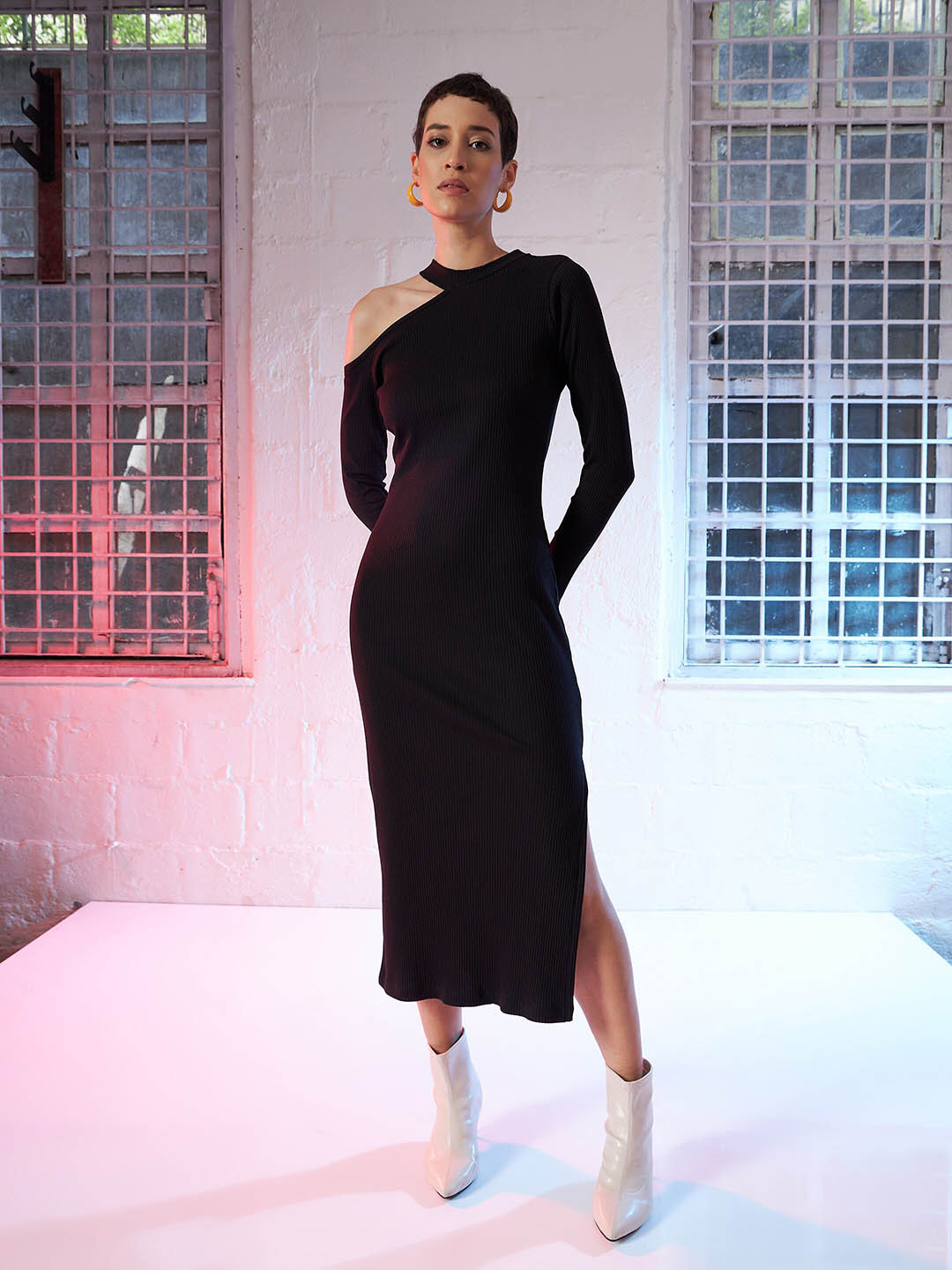 SASSAFRAS Black Round Neck Long Sleeve Cut-Outs Sheath Midi Dress