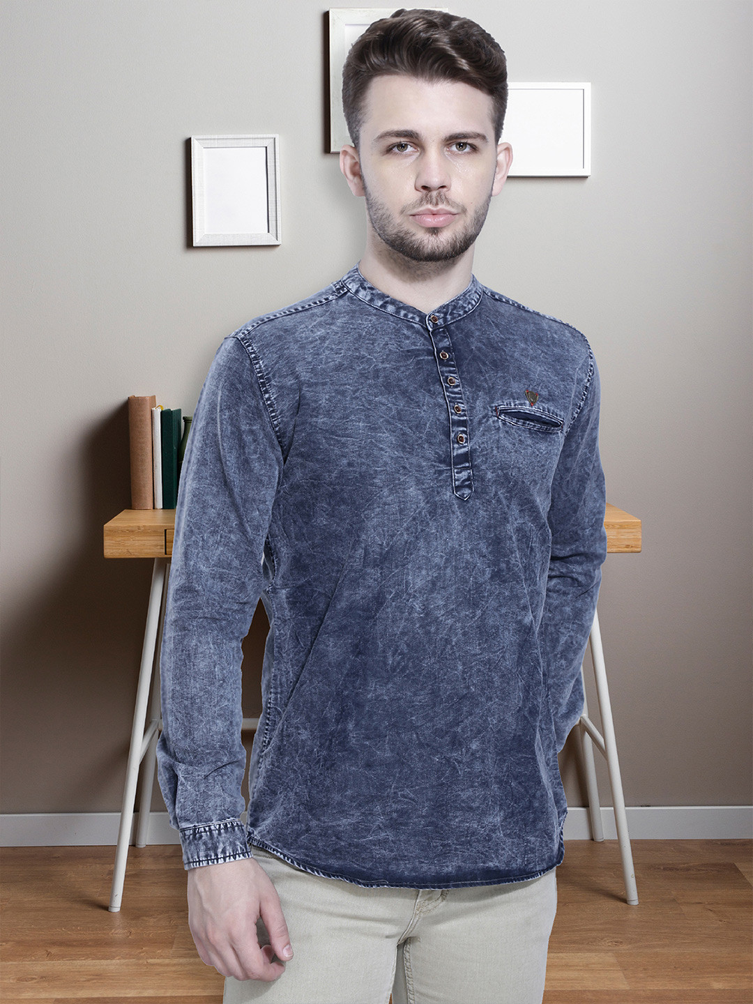 Kuons Avenue  Band Collar Denim Regular Fit Shirt