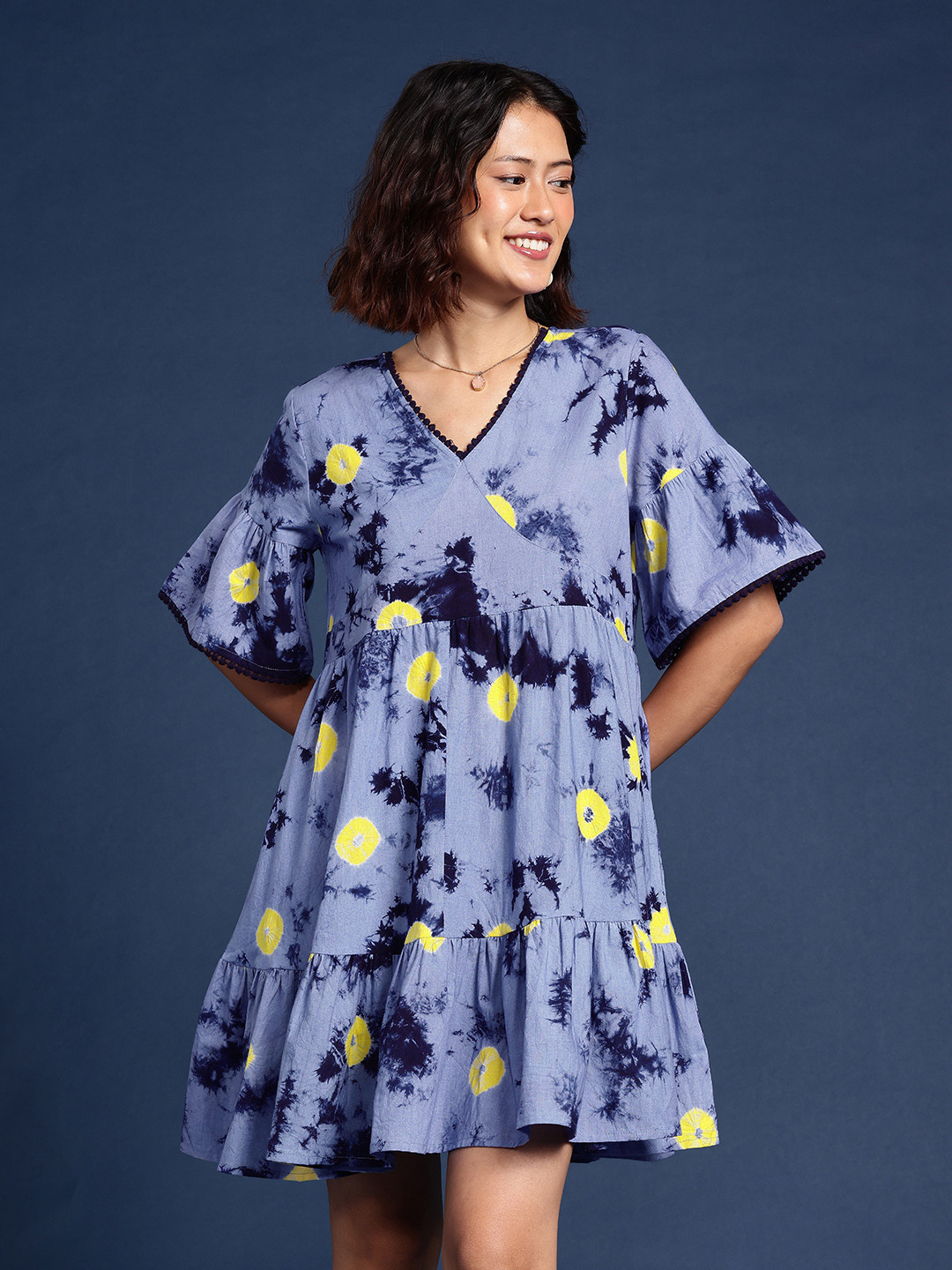 Taavi Tie and Dye Bell Sleeve A-Line Pure Cotton Shibori Tired Dress