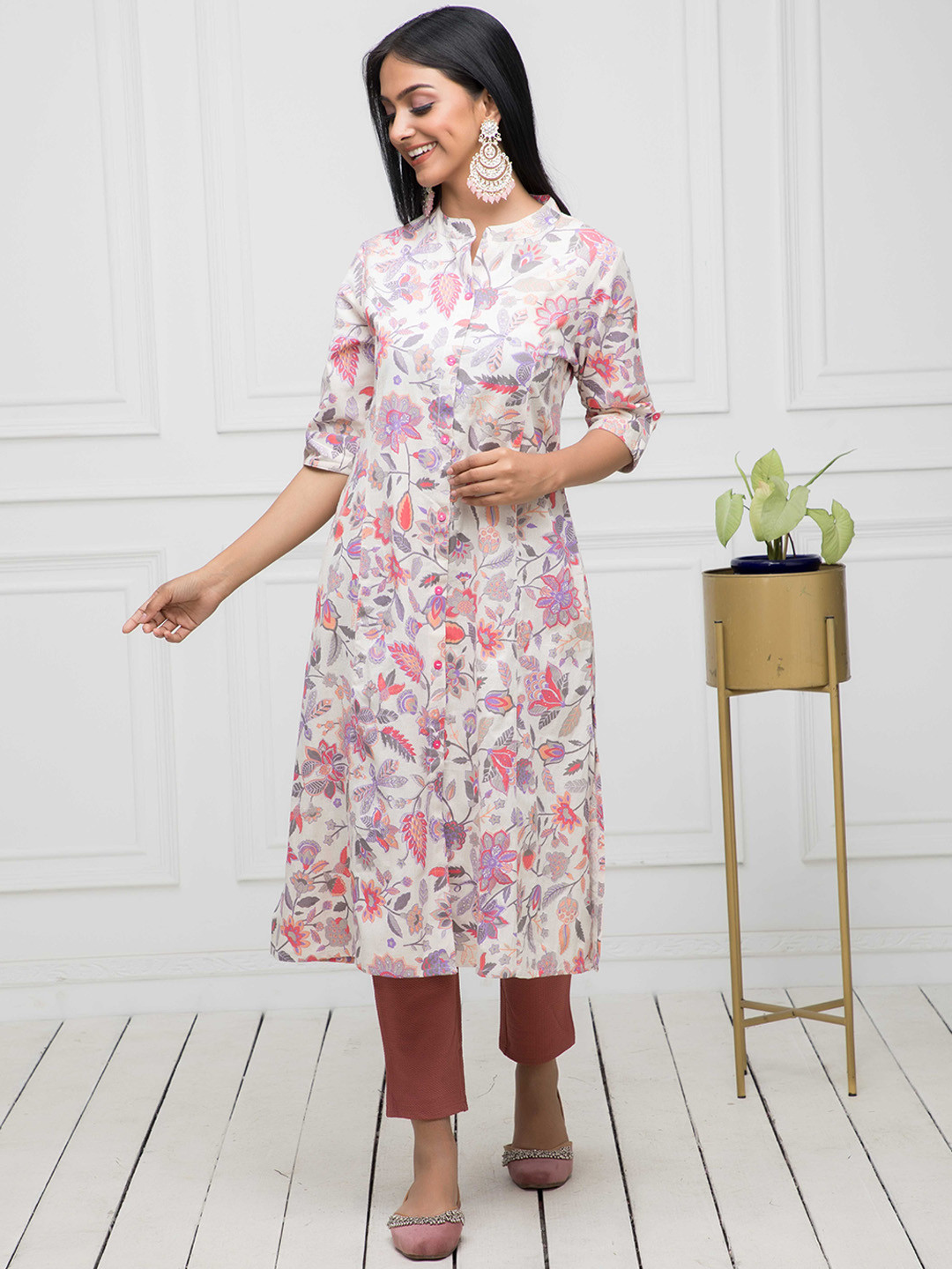 KALINI Floral Printed Mandarin Collar Cotton A-Line Kurta