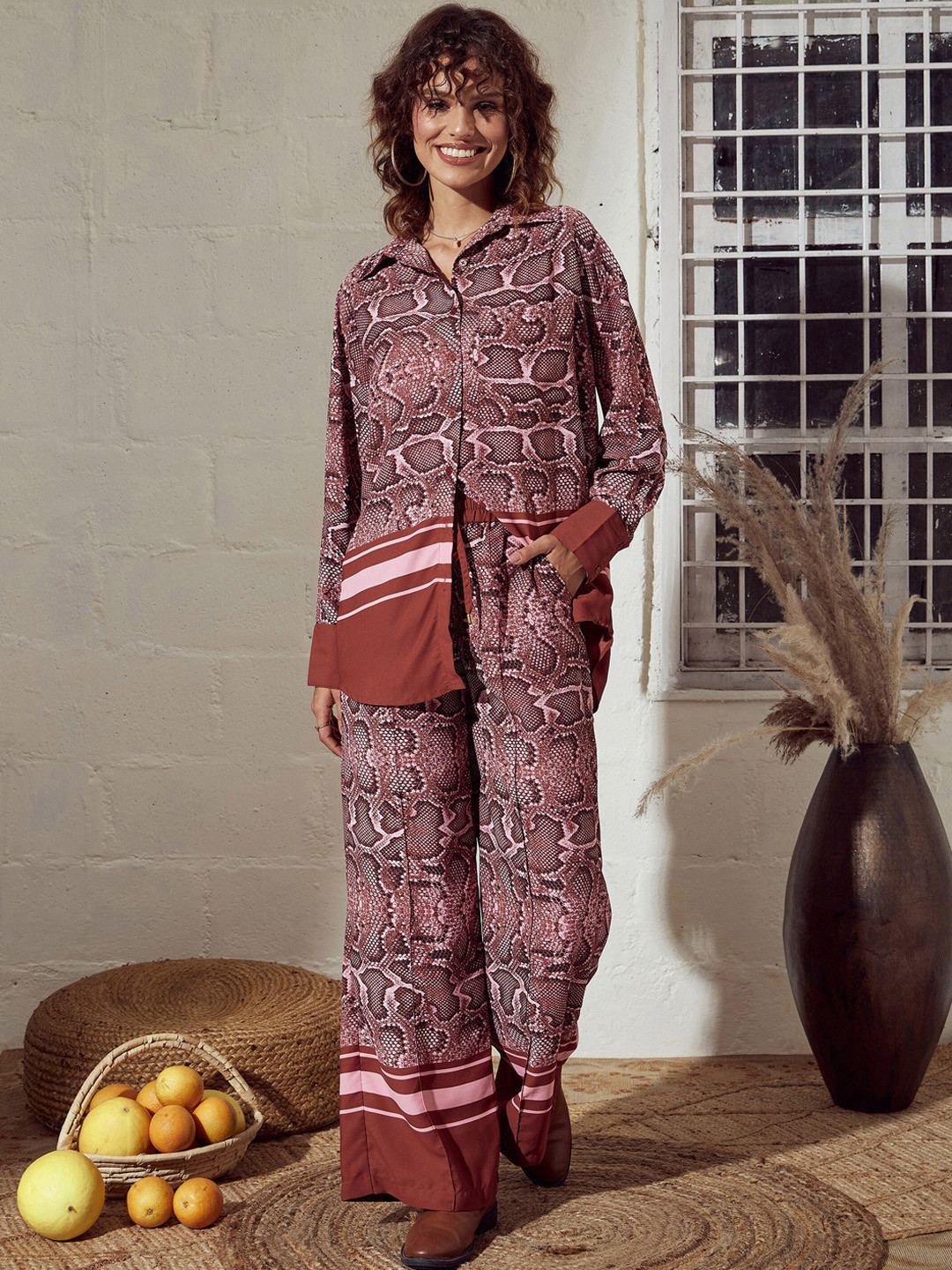 SASSAFRAS Pink Printed Oversized Shirt & Palazzos