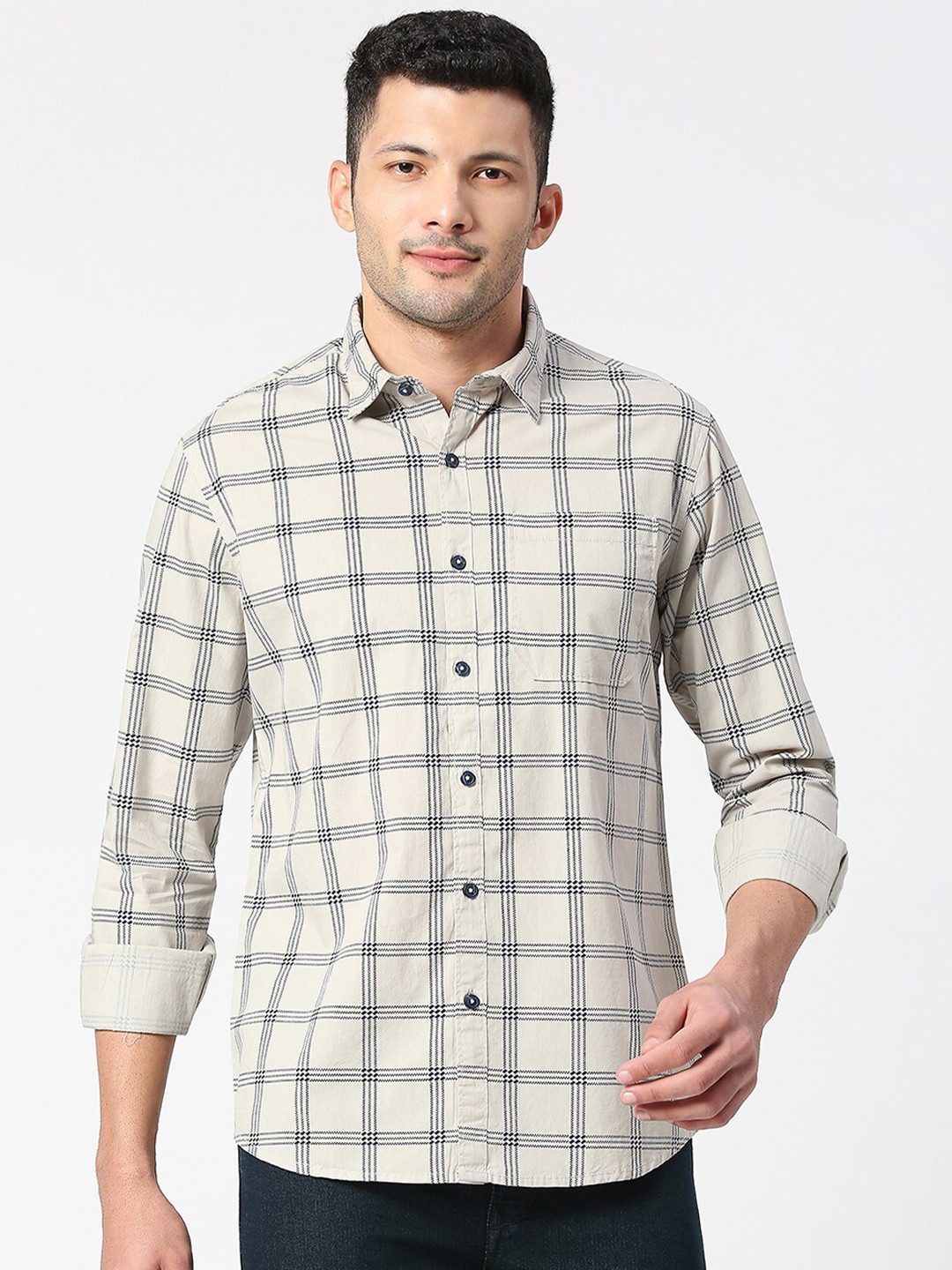 SNX Tailored Fit Windowpane Checks Checked Pure Cotton Casual Shirt