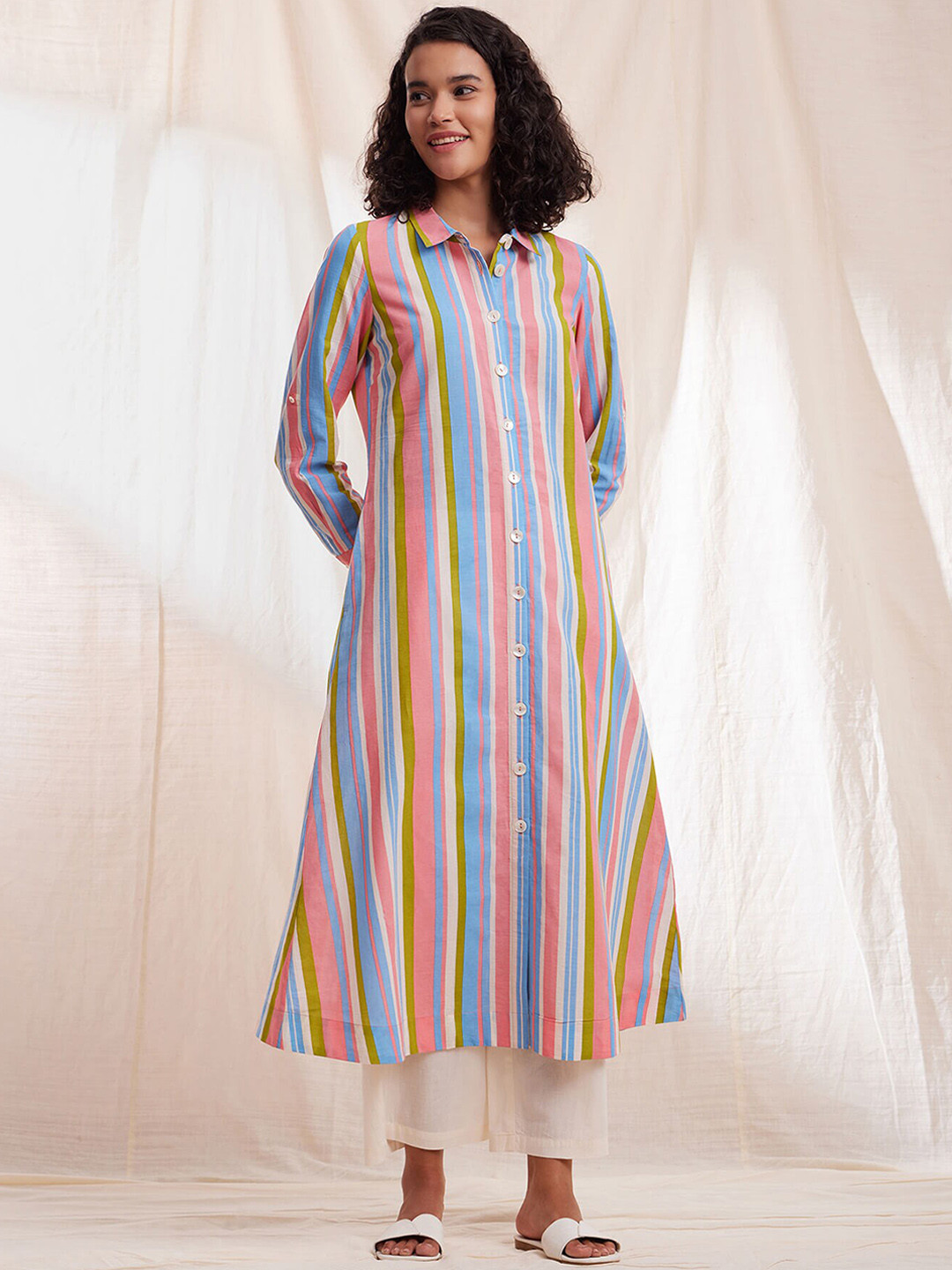 Pink Fort Shirt Collar Cotton A-Line Kurta