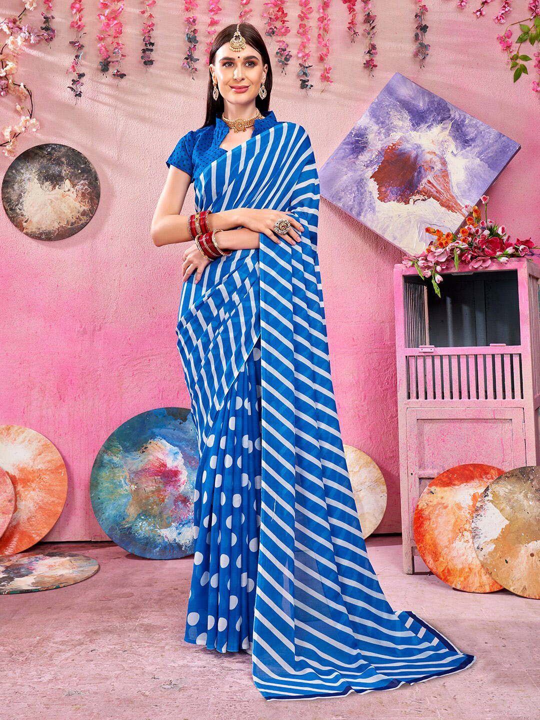 Anouk Rustic White & Red Striped Printed Saree