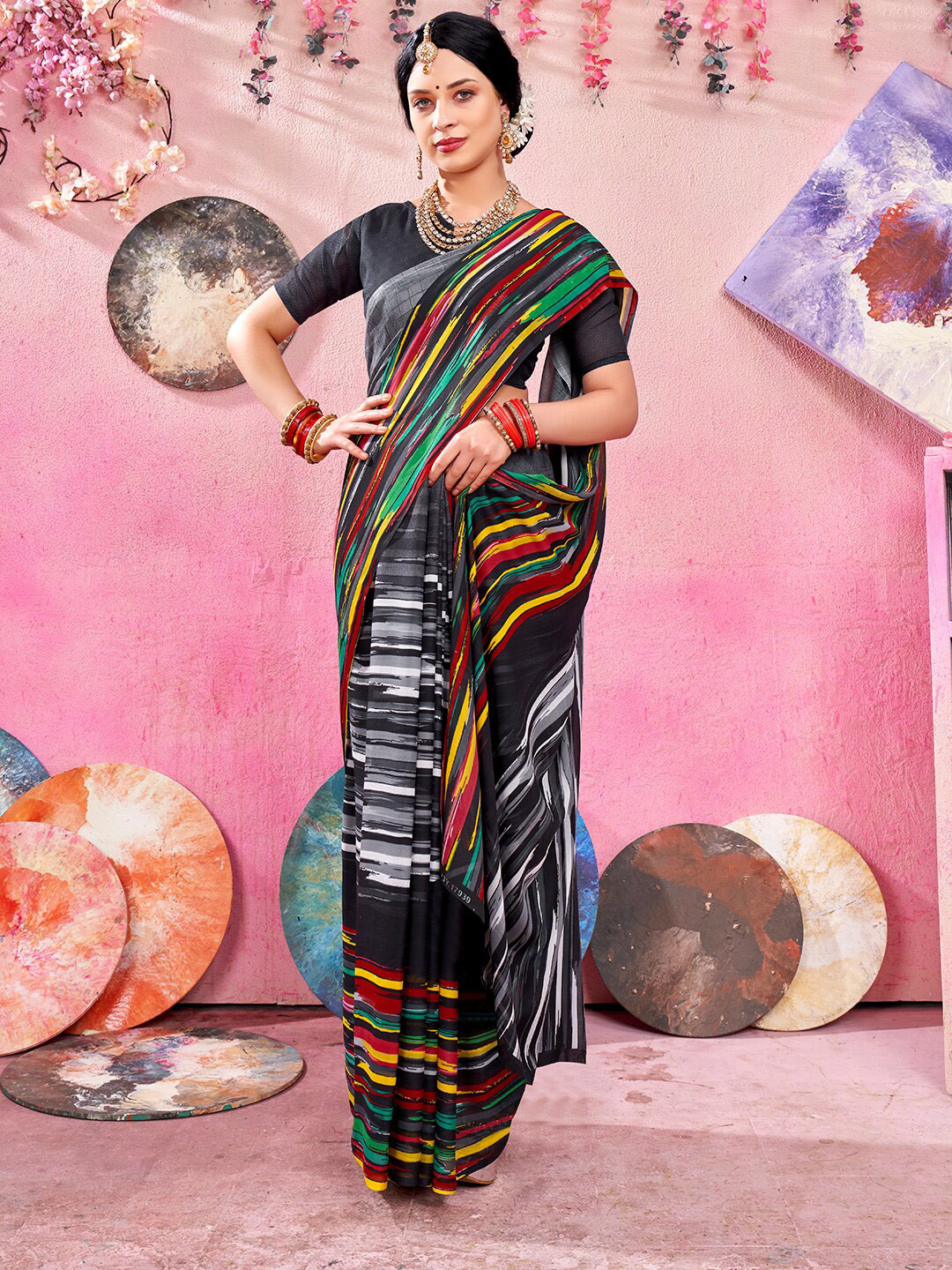 Anouk Rustic Black & Red Striped Printed Saree