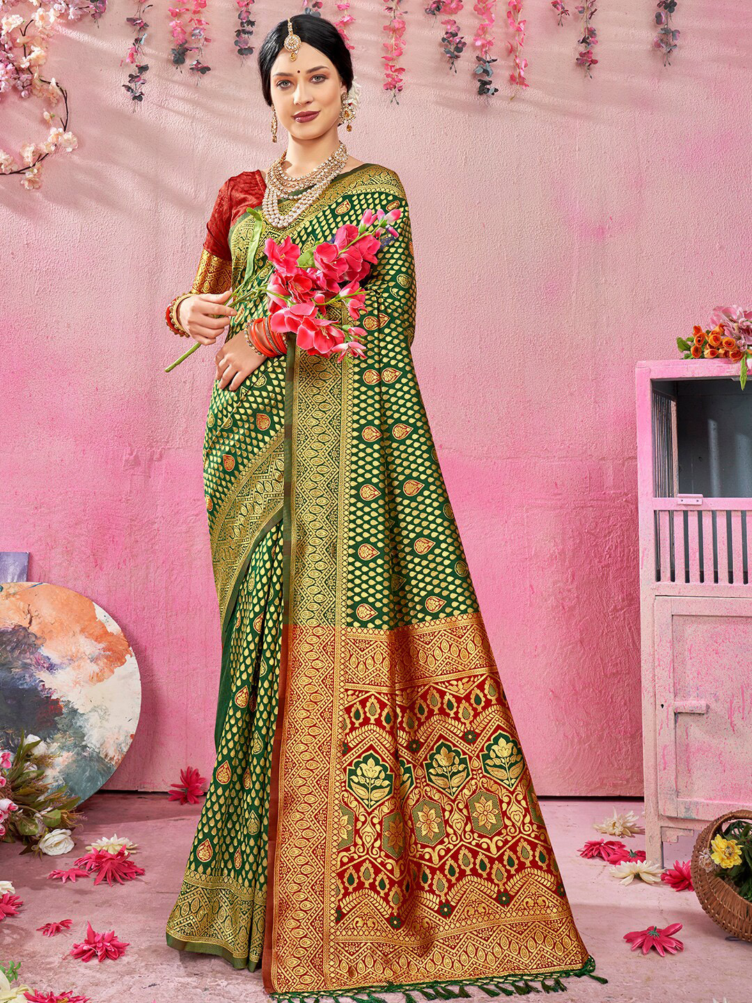 Anouk Rustic  Green & Red Ethnic Motifs Woven Design Zari Banarasi Saree