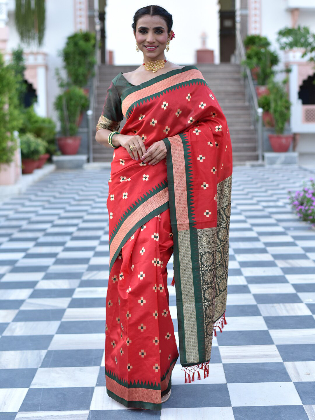 Anouk Rustic Red & Gold-Toned Woven Design Zari Detailed Art Silk Banarasi Saree