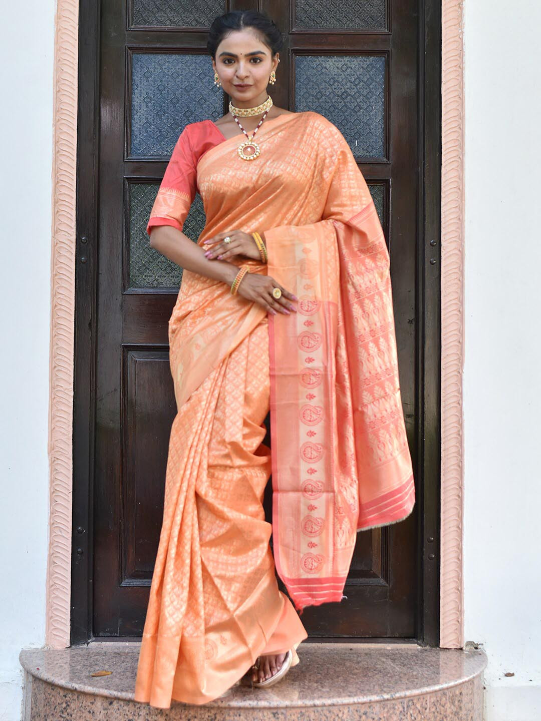 Anouk Rustic  Orange & Gold-Toned Woven Design Zari Chanderi Saree