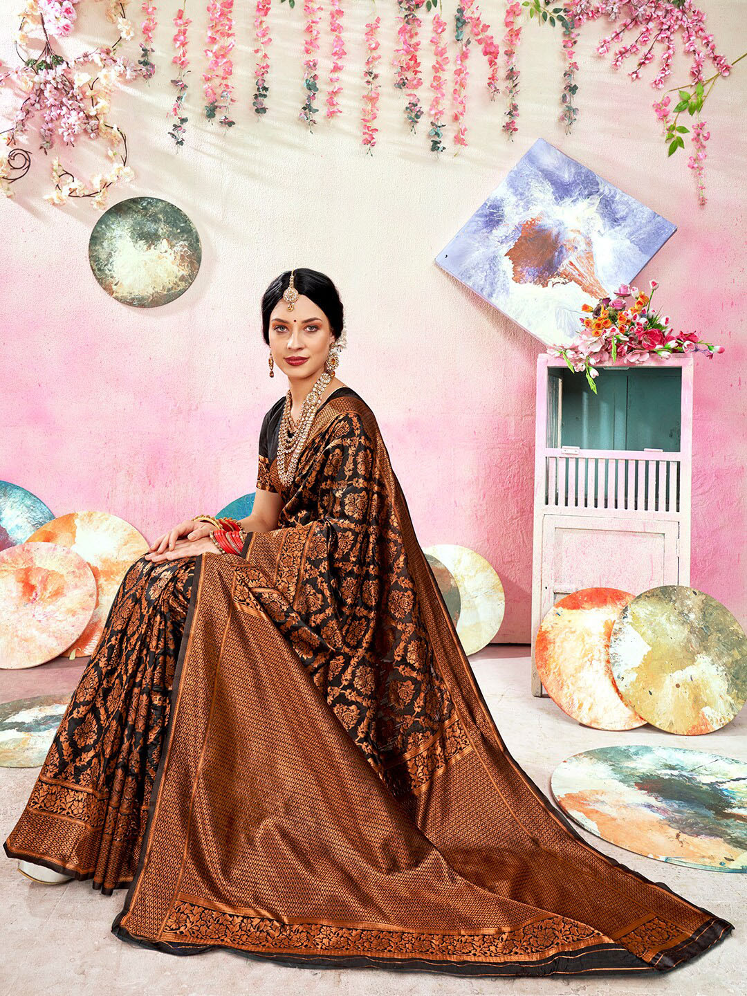 Anouk Rustic Gold-Toned & Black Floral Woven Design Zari Art Silk Saree