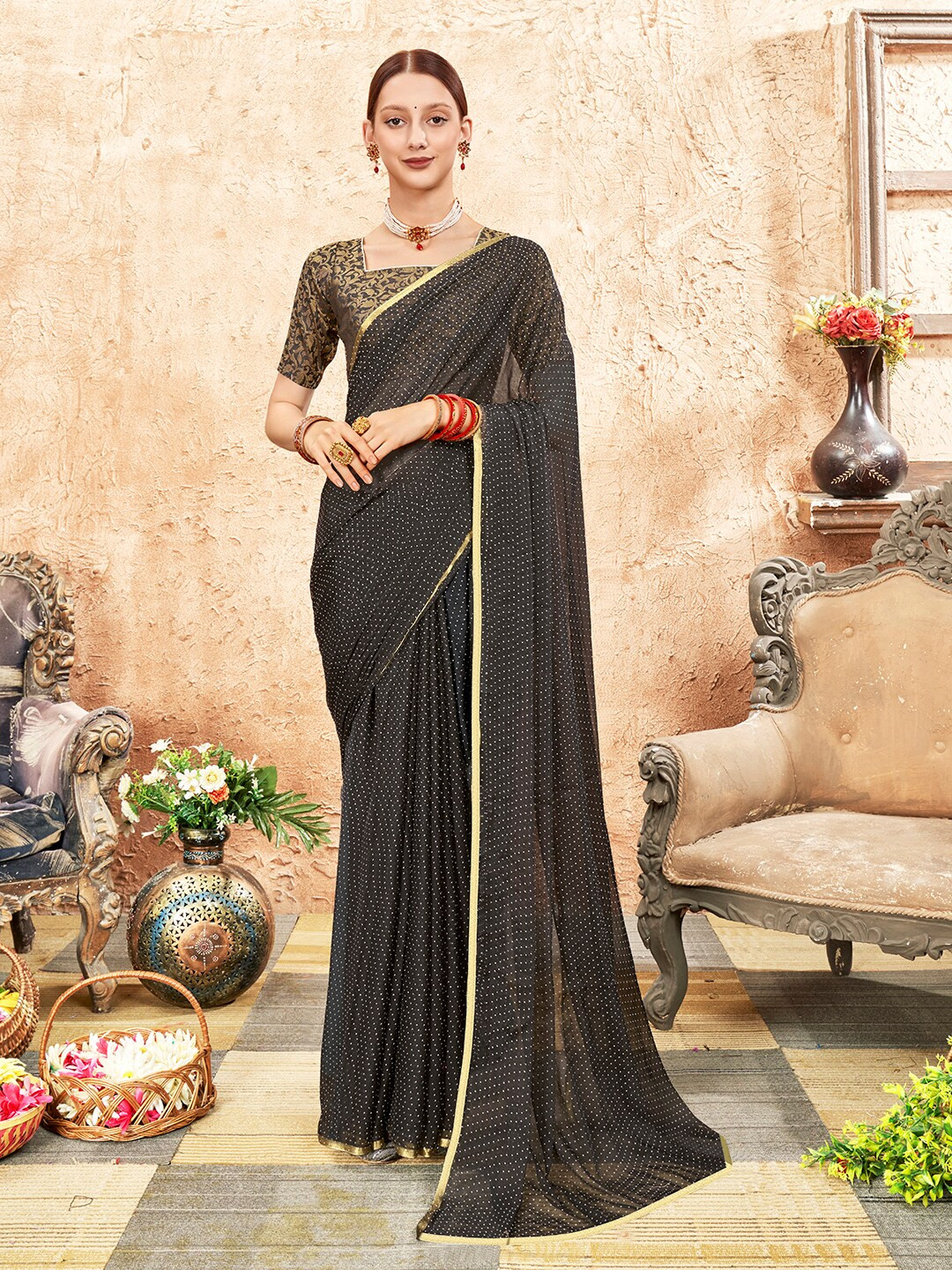 Anouk Rustic Black Polka Dot Printed Zari Saree