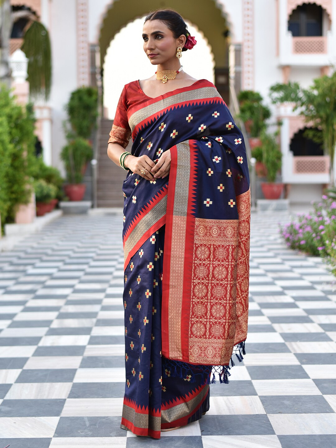 Anouk Rustic Blue Geometric Woven Design Zari Banarasi Saree