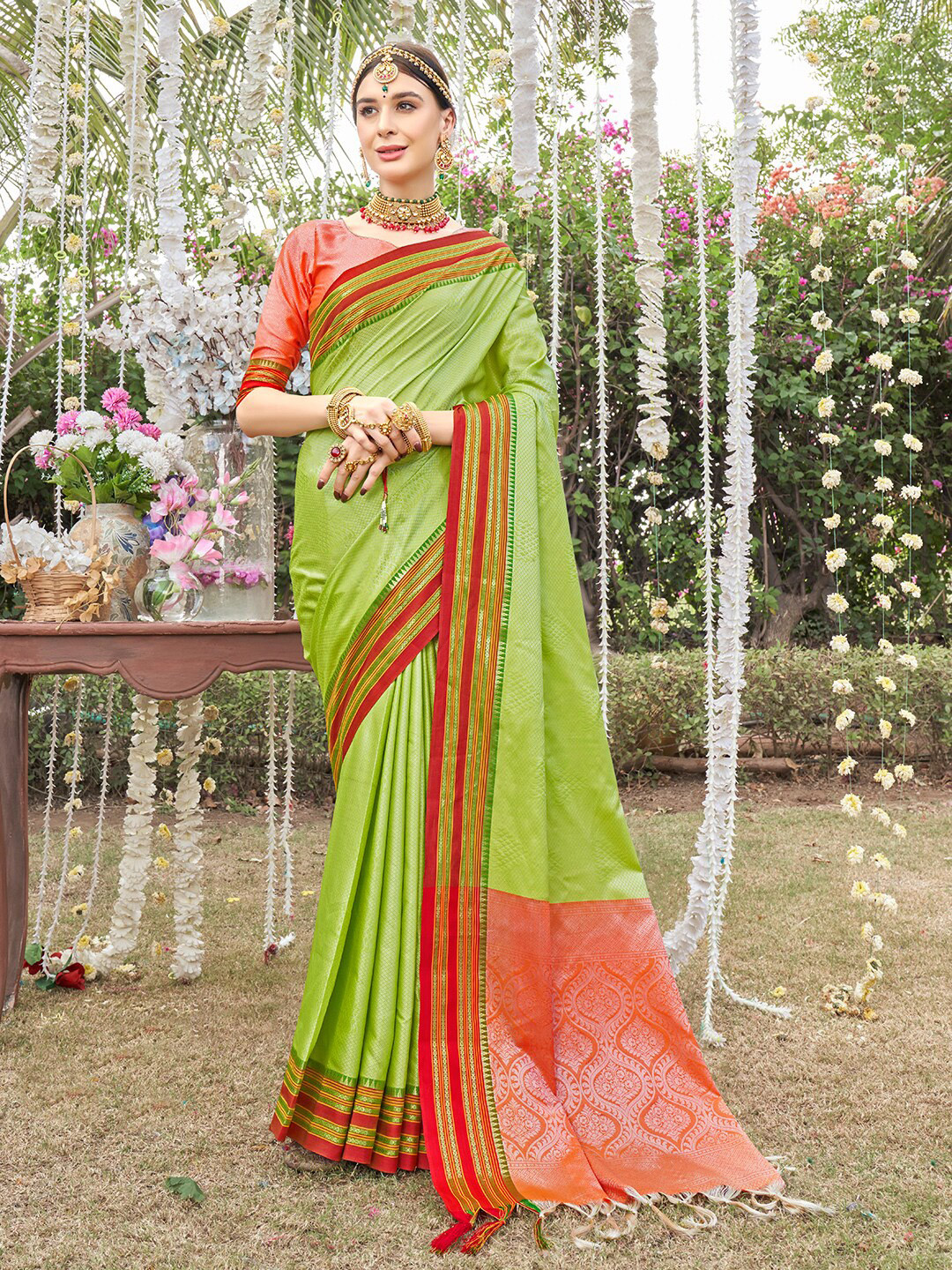 Anouk Lime Green & Red Woven Design Zari Detailed Art Silk Kanjeevaram Saree