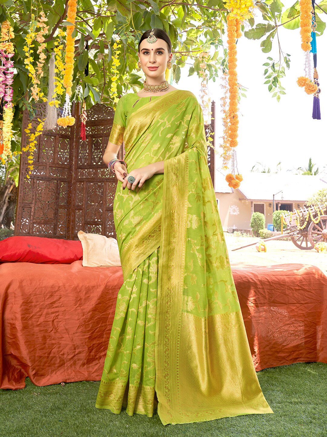 Anouk Rustic  Lime Green & Gold-Toned Woven Design Zari Detailed Art Silk Chanderi Saree