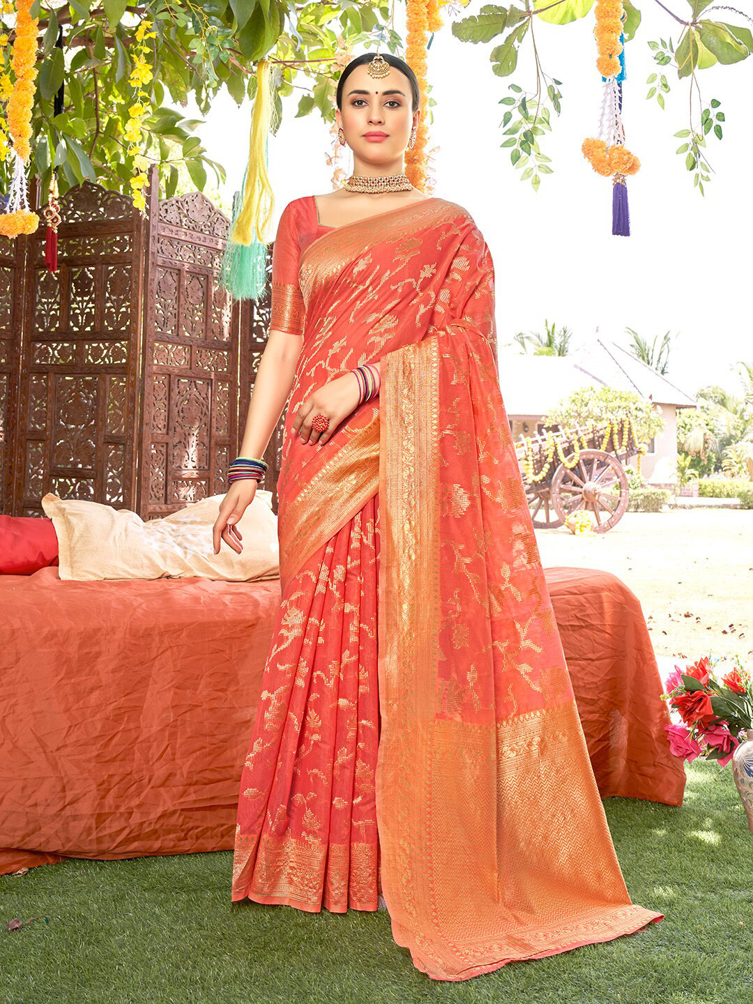 Anouk Rustic Orange & Gold-Toned Woven Design Zari Detailed Art Silk Chanderi Saree