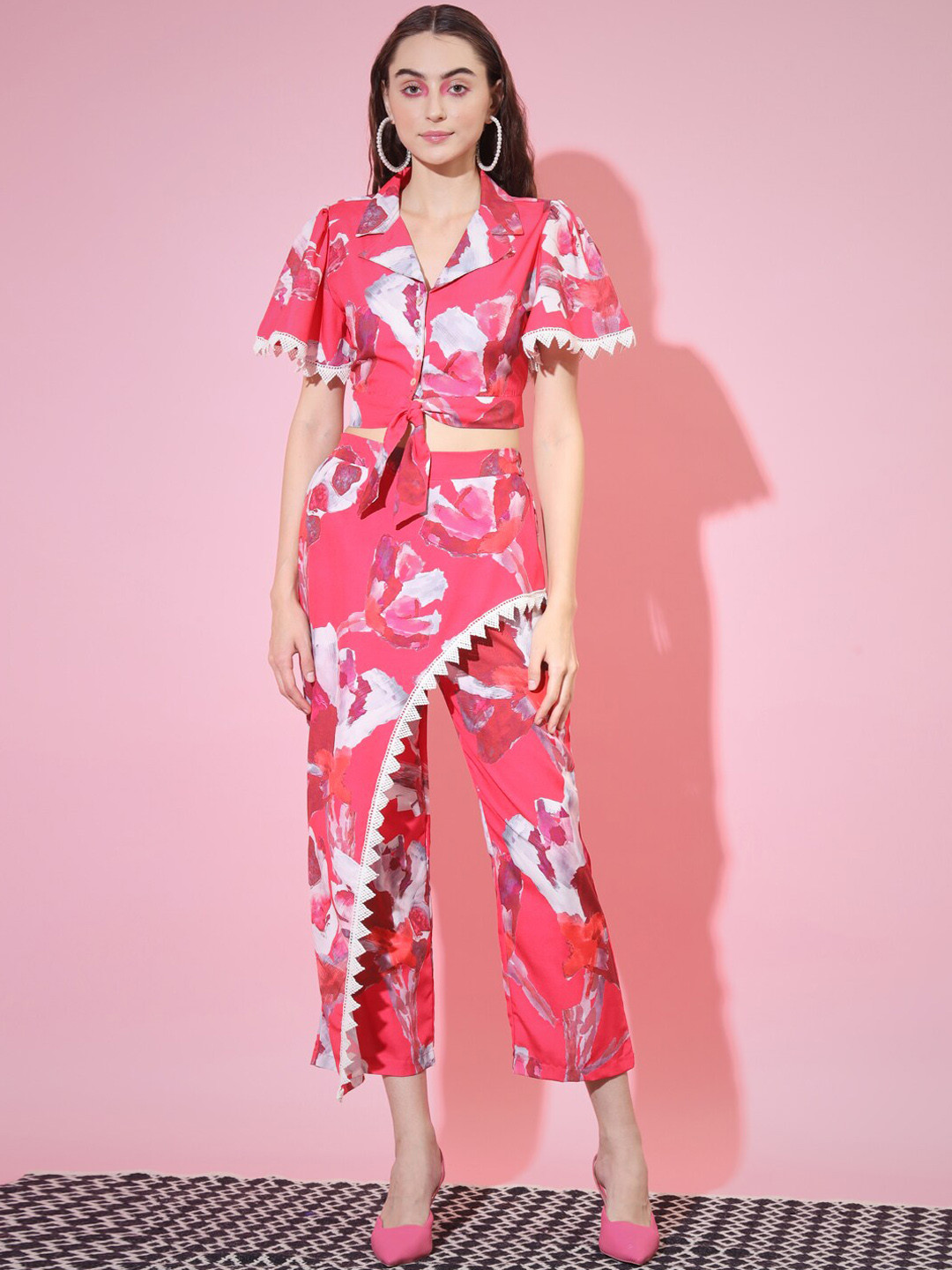 KALINI Printed Lapel Collar Top & Trousers