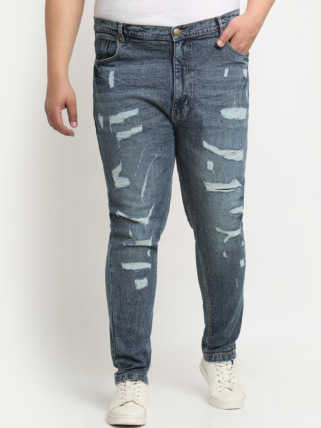 plusS Men Blue Comfort Highly Distressed Light Fade Non Stretchable Jeans