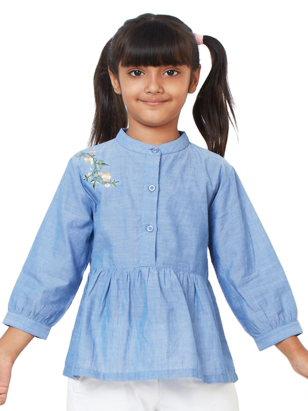 My Milestones Floral Embroidered Band Collar Cotton Chambray Fit & Flare Top