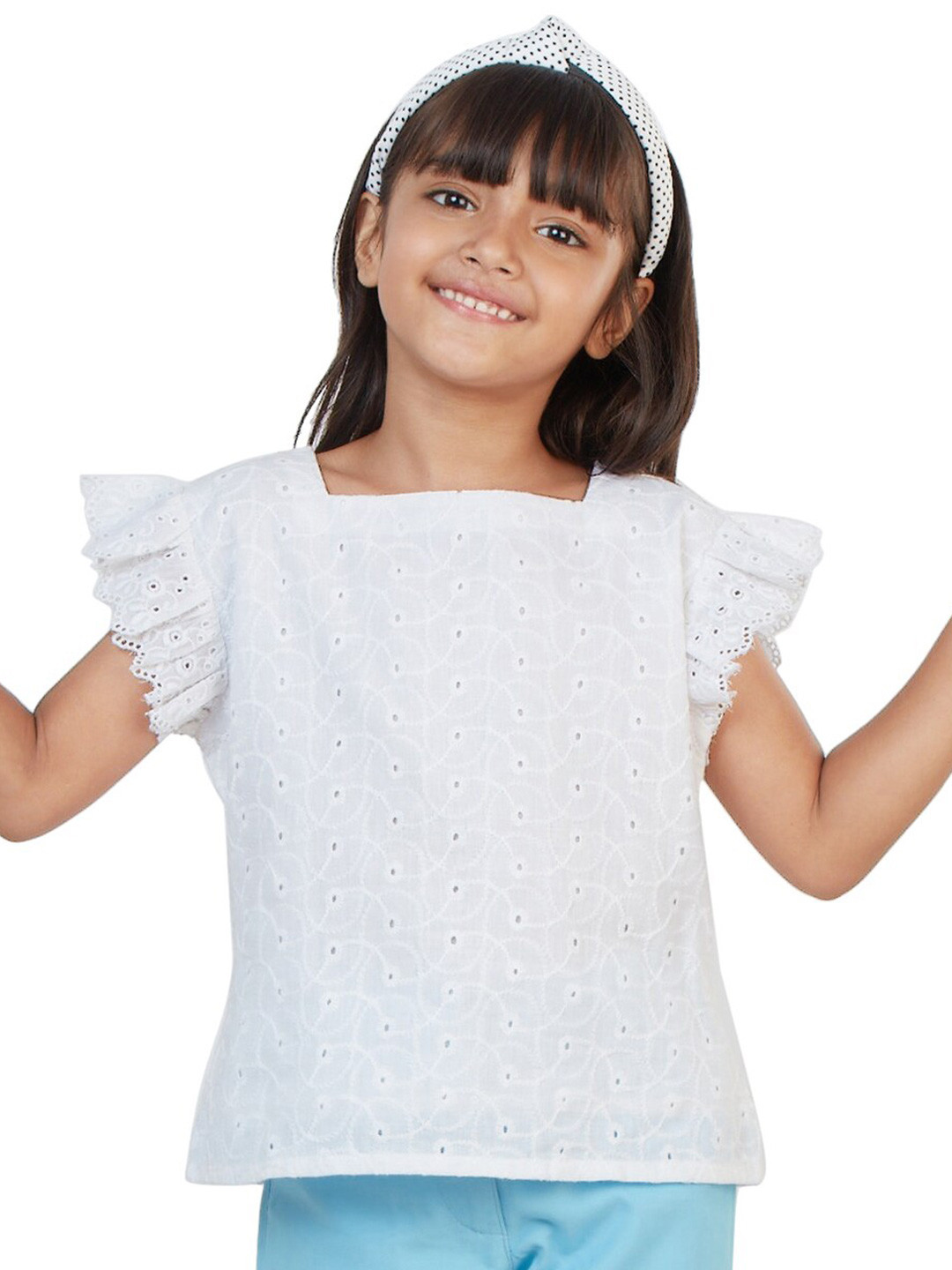 My Milestones Self Design Square Neck Flutter Sleeve Cotton Top