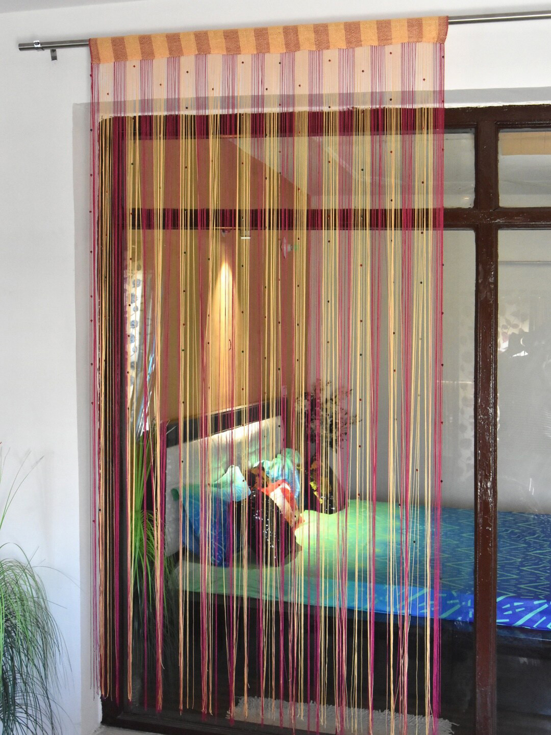 Homefab India 2 Pieces Pink & Beige Thread Strings Sheer Door Curtains