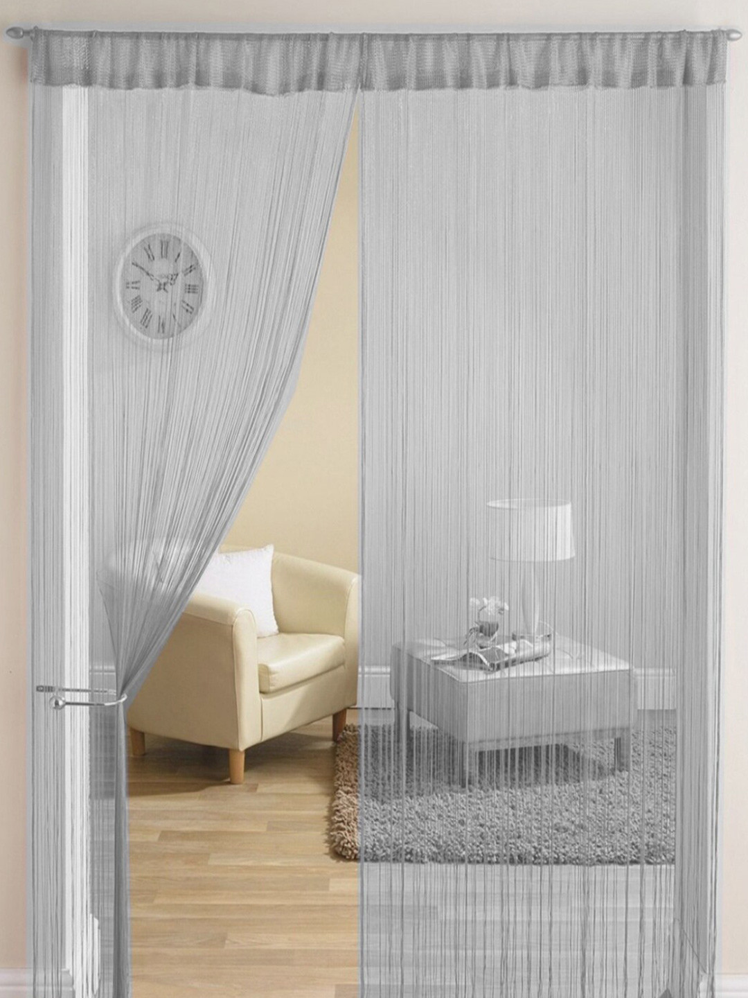 Homefab India Grey 2 Pieces Thread Strings Sheer Door Curtains