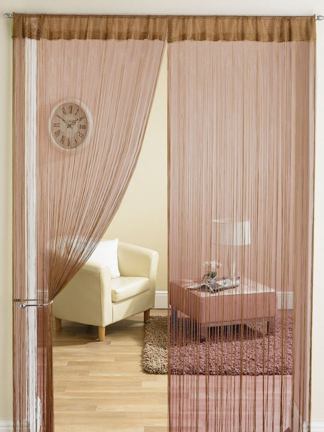 Homefab India Brown 2 Pieces Sheer Threads String Long Door Curtains